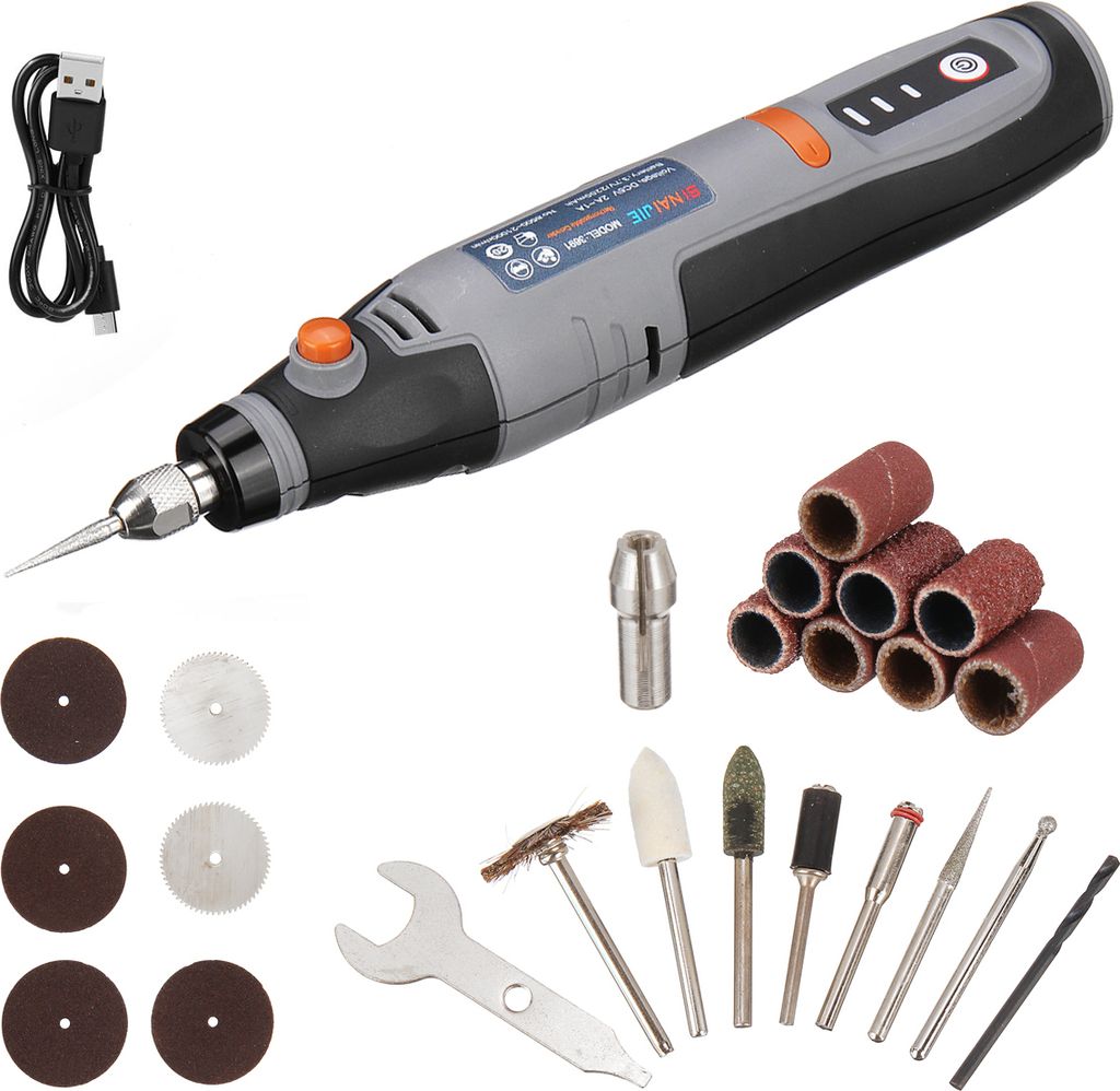 Mini Akku-Drehwerkzeug Geradschleifer 3-Gang, LED-Licht, USB-Ladung für Polieren, Schleifen, Gravieren, DIY-Basteln