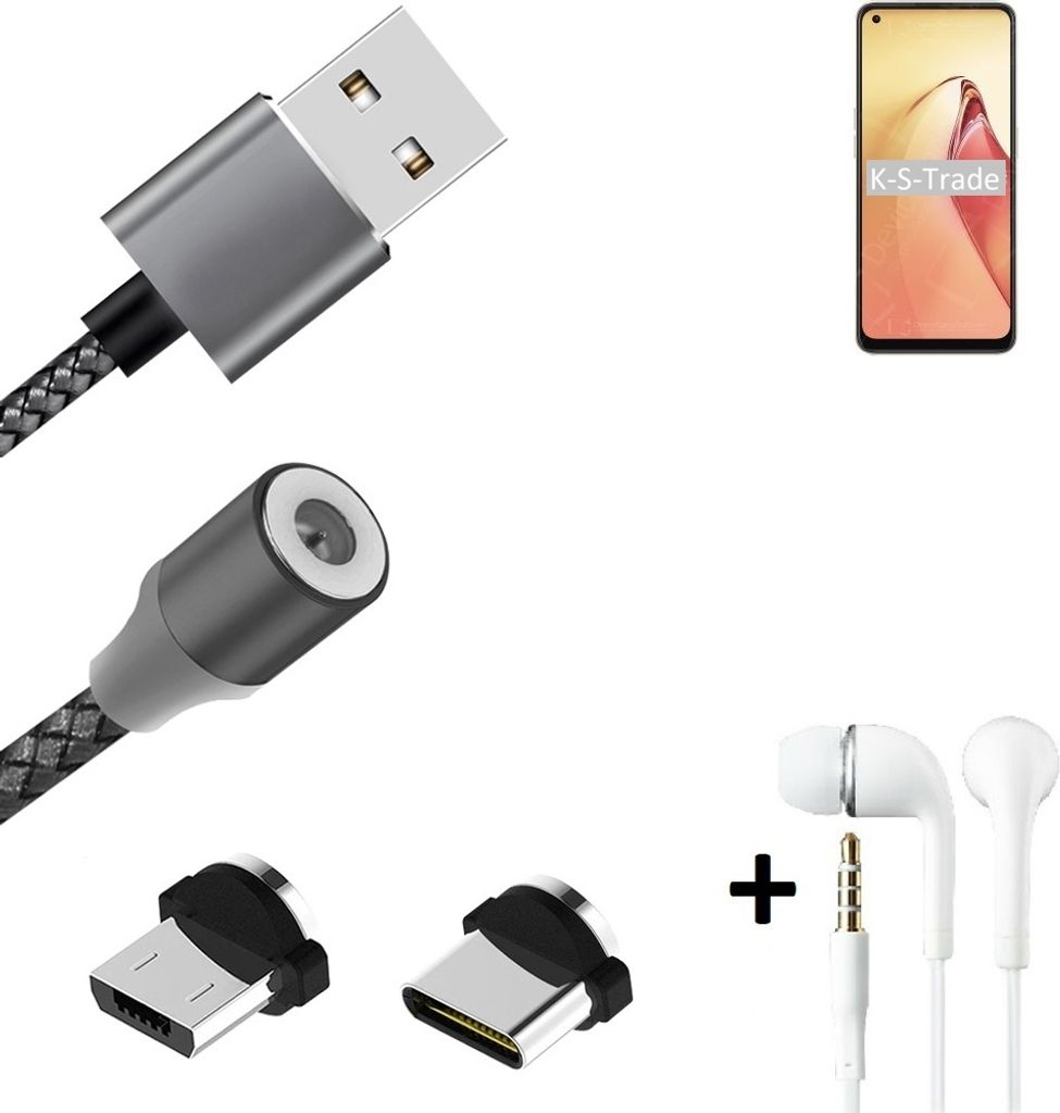 K-S-Trade Hochwertiges Magnet-Lade-kabel Sync-Kabel Daten-Kabel + Kopfhörer kompatibel mit Oppo Reno8 mit USB-Typ-C-Anschluss und