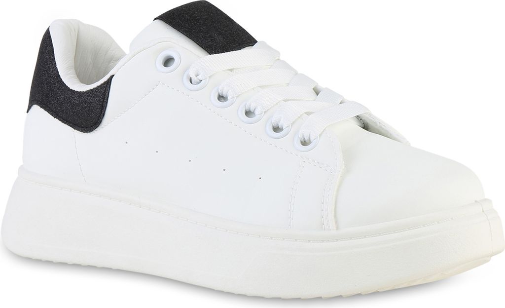 VAN HILL Damen Plateau Sneaker Metallic Schnürer Freizeit Schuhe 841513, Farbe: Weiß Schwarz, Größe: 41
