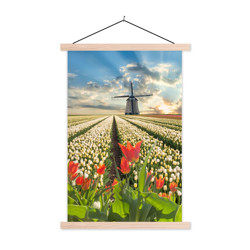MuchoWow Textilposter Windmühle - Tulpen - Himmel - Natur 40x60 cm mit holzfarbenen Rahmen - Poster