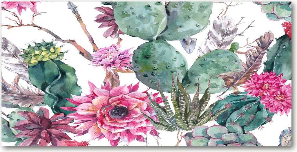 Tulup Glas-Bild -140x70- Wandkunst Dekorative Wand für Küche & Wohnzimmer - Blumen & Pflanzen - Kakteen - Rosa