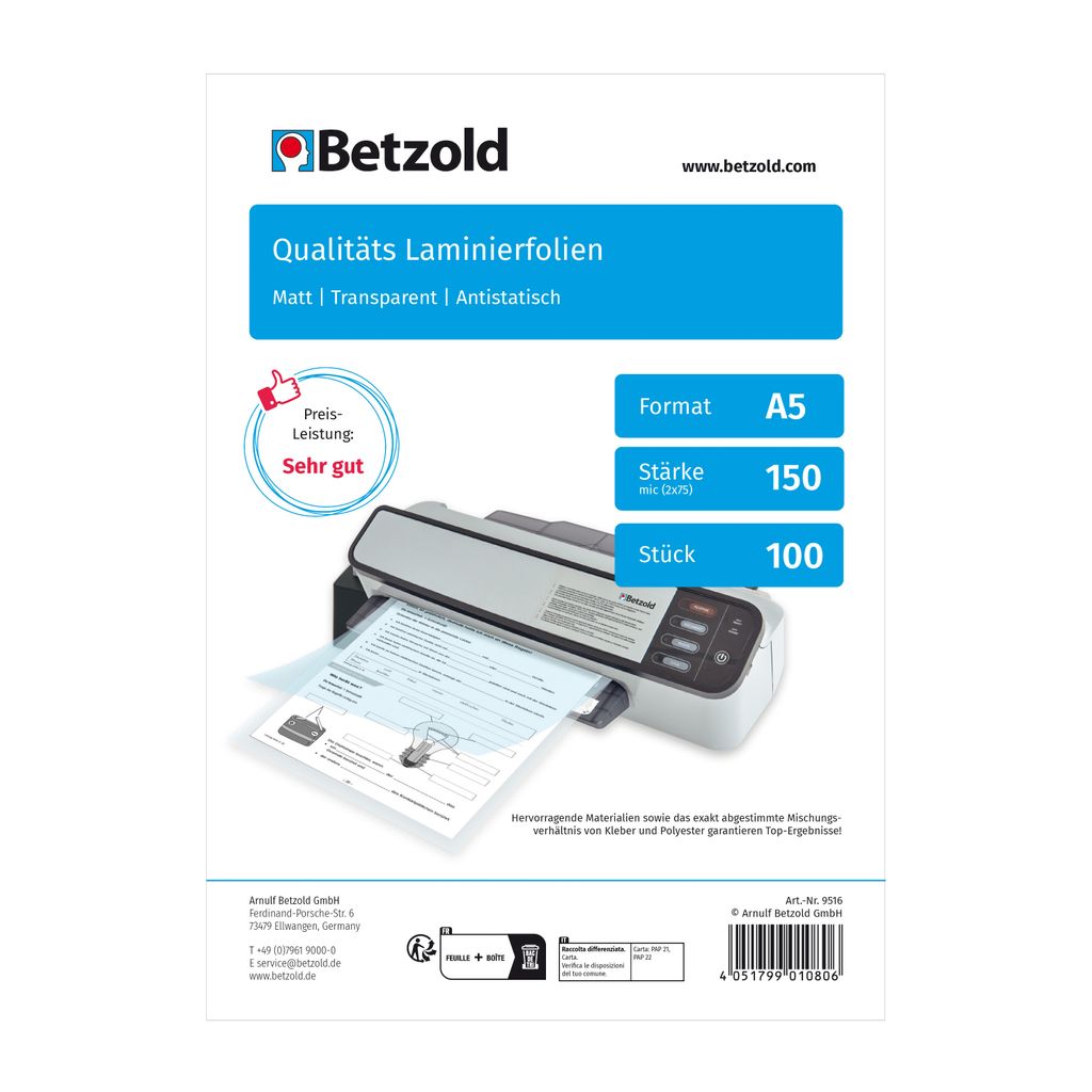 Betzold Laminierfolien DIN A5, 100 Stück - 150 mic matt - Laminiertaschen