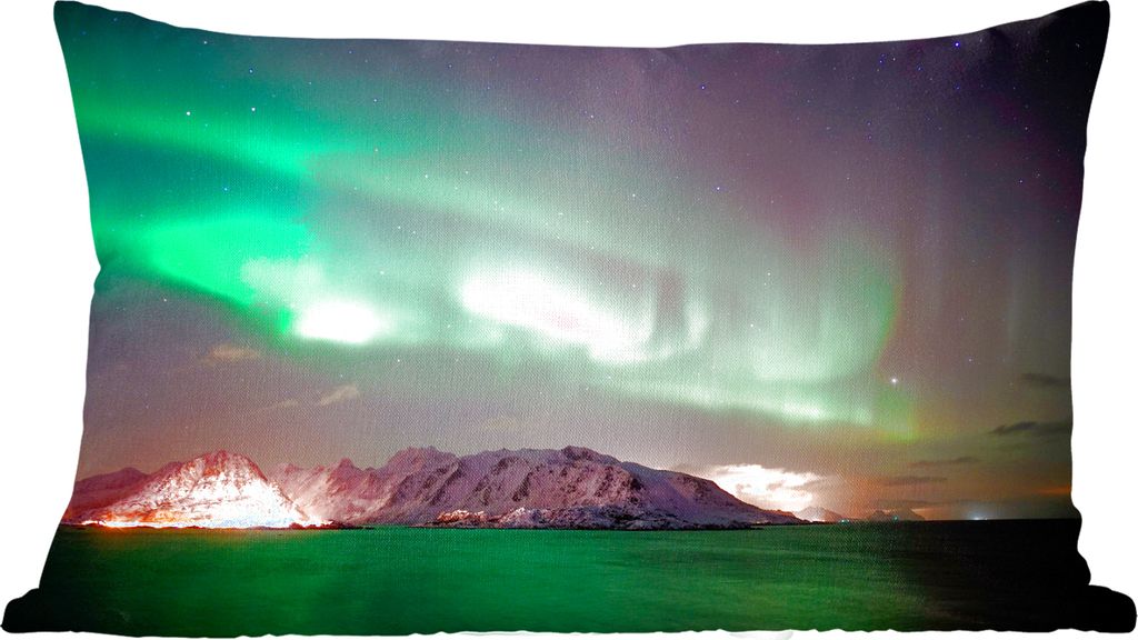 MuchoWow Zierkissen Sofakissen Wohnzimmer Dekokissen 50x30 cm Nordlichter - Grün - Insel - Norwegen - Wohnzimmerdekoration - Polster mit Photo