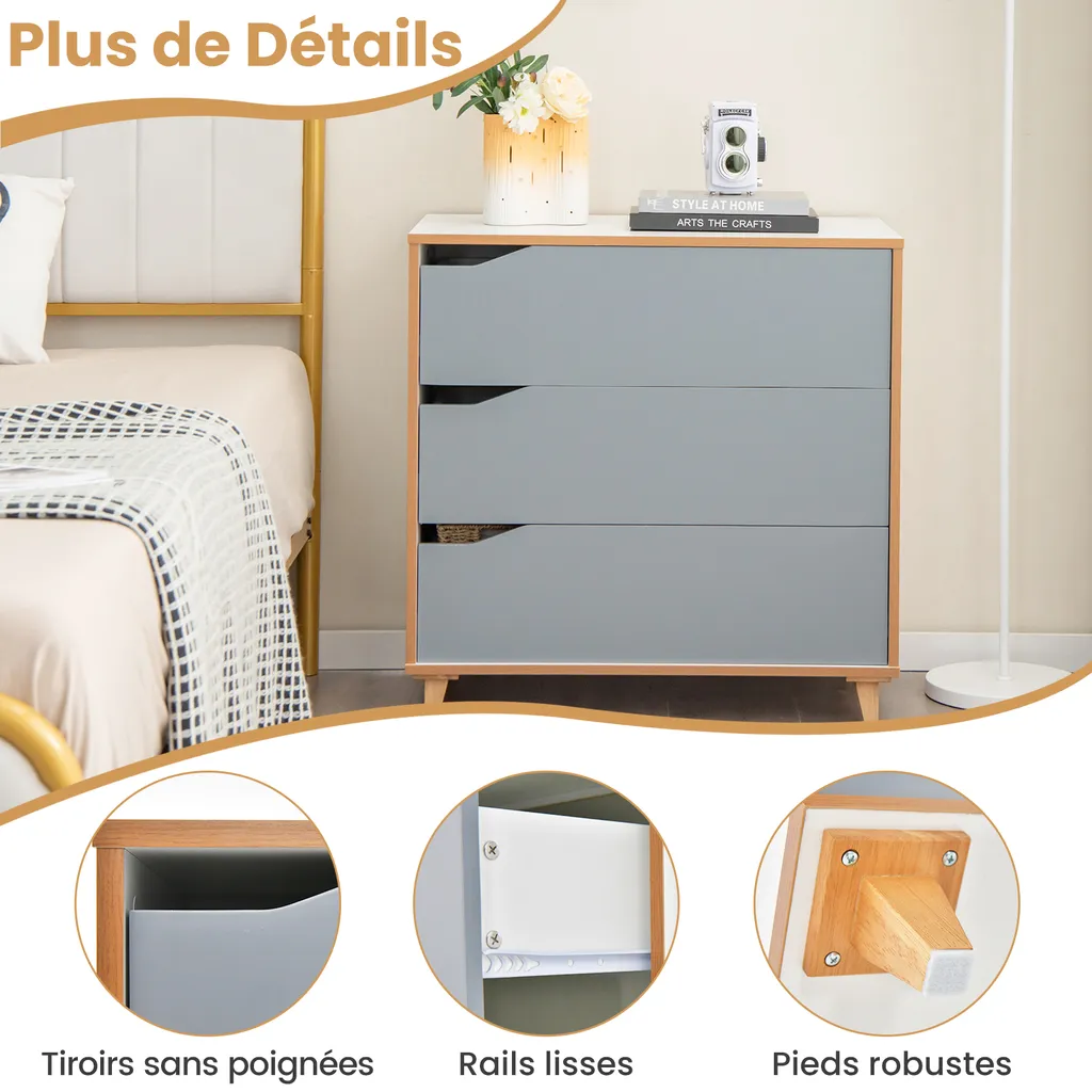 Commode 3 tiroirs avec poignées intégrées et sécurité anti-basculement - 5