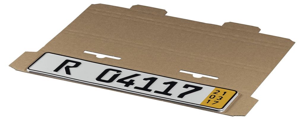A cardboard packaging for a license plate.