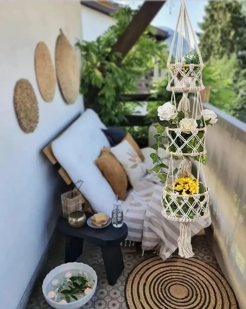 Panier à fruits suspendu tressé main : rangement mural 3 étages 120cm