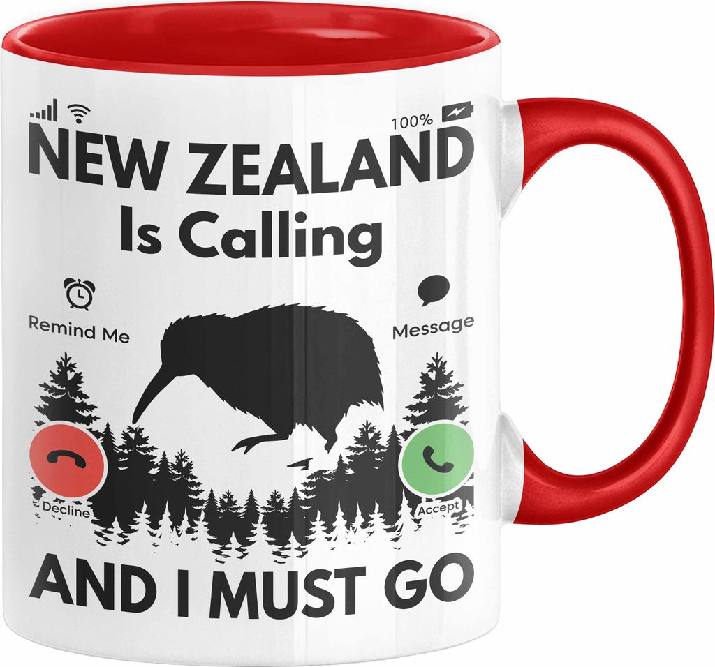 Neuseeland Tasse Geschenk Auslandsjahr Abschiedgeschenk New Zealand Is Calling (Rot)