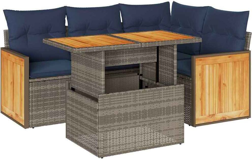 vidaXL 5-tlg. Garten-Sofagarnitur mit Kissen Grau Poly Rattan Akazie