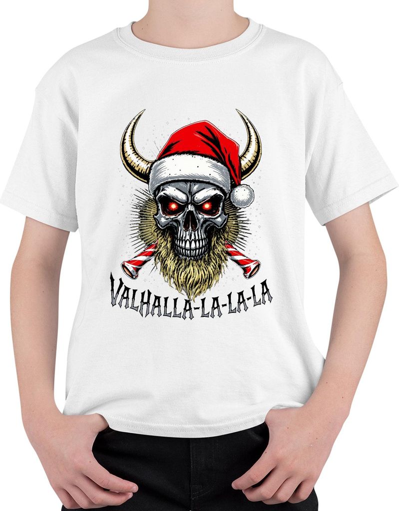 Valhalla La La La Wikinger Totenkopf Bart Santa Weihnachten Uni Kinder T-Shirt, Weiß, 140