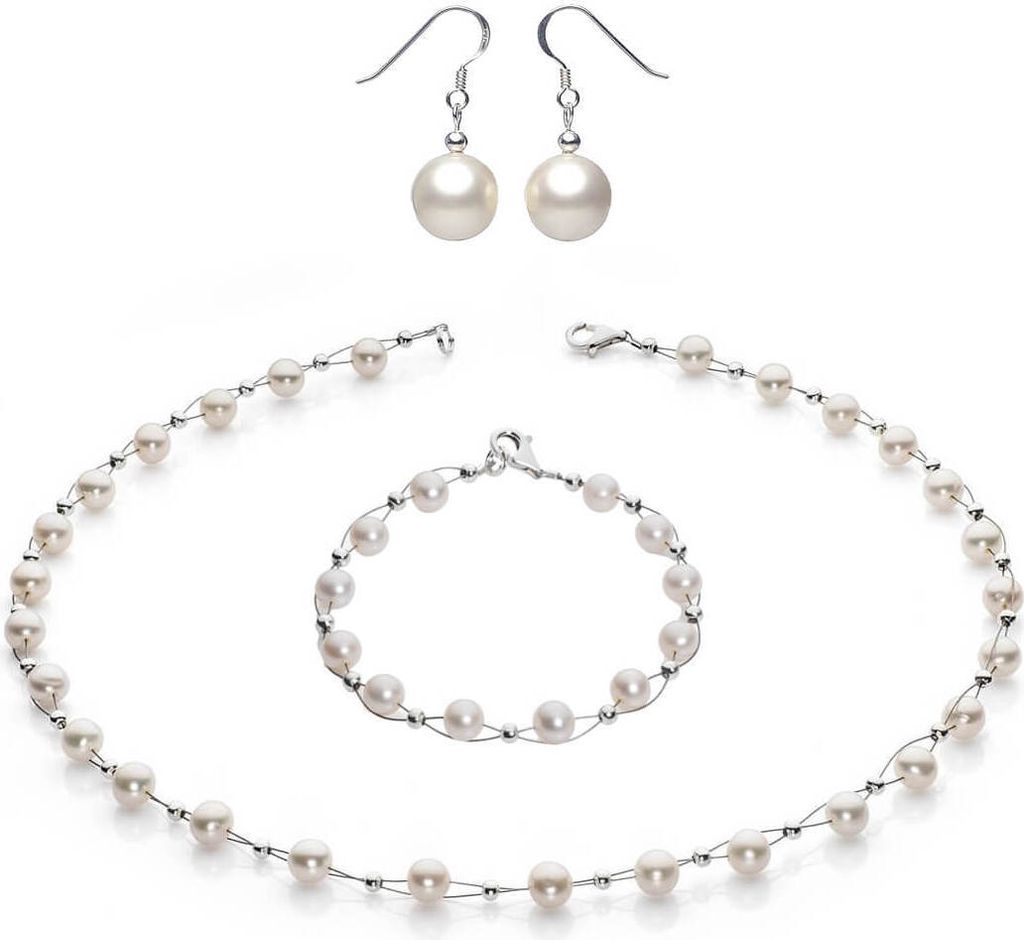 Perlenkette Collier Armband Ohrringe Schmuck-Set weiß echte Perlen Hochzeit Damen Frauen Brautschmuck