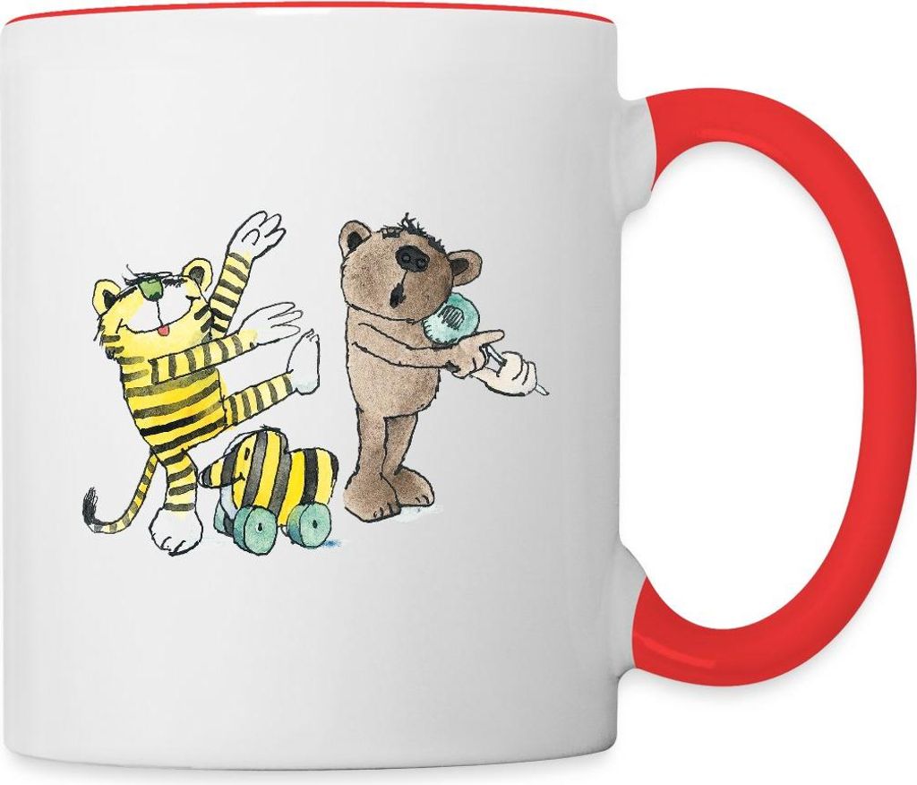 Spreadshirt Janosch Tiger und Freunde Machen Musik Tasse Zweifarbig, One size, Weiß/Rot