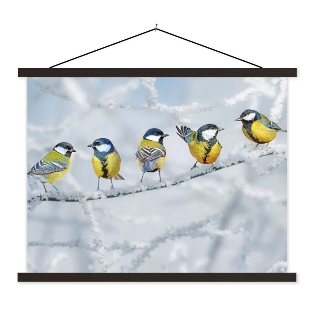 MuchoWow Textilposter Vogel - Kohlmeise - Winter - Schnee - Zweige 120x90 cm mit schwarzem Rahmen - Aufhänger für Poster