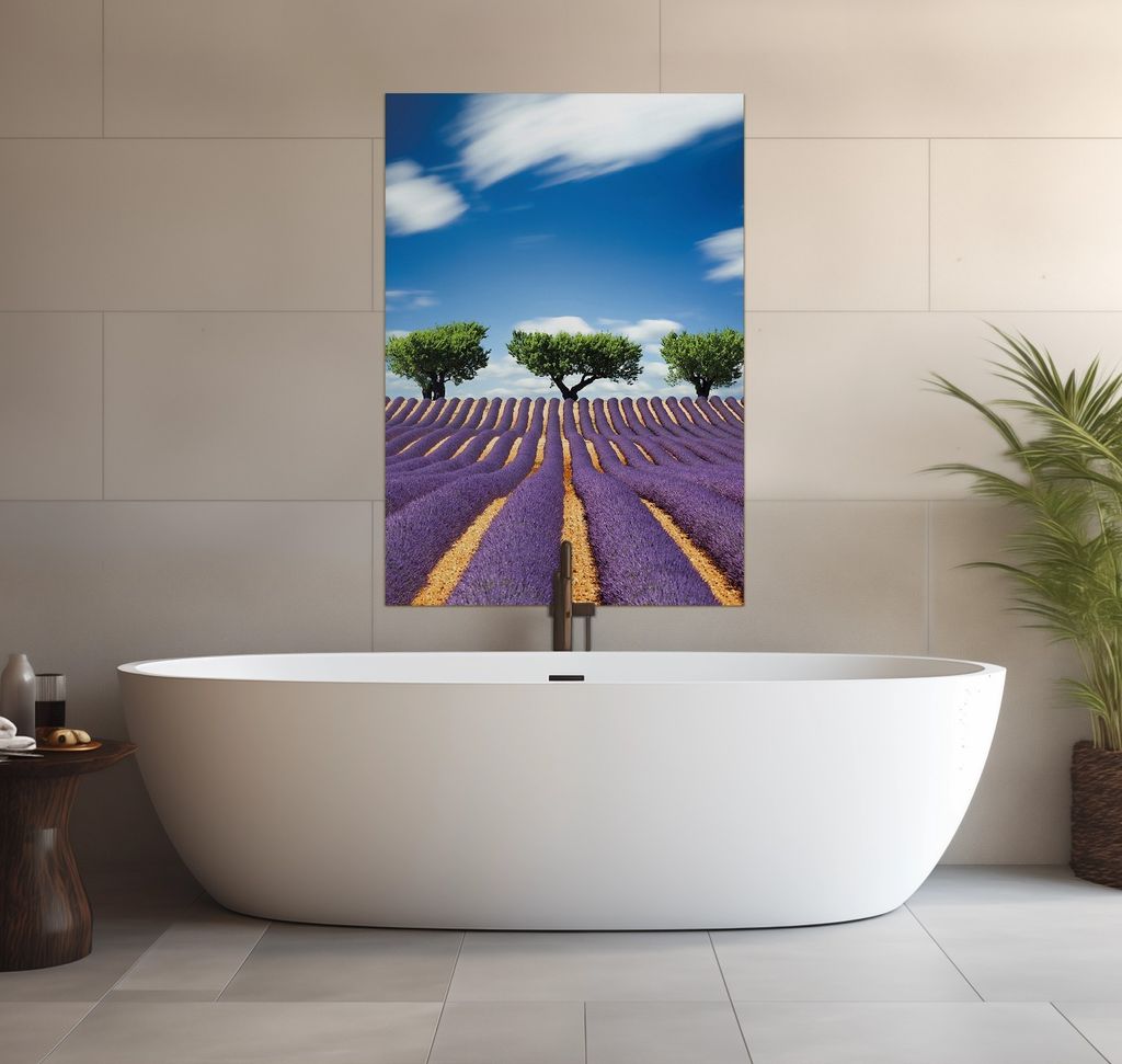 Wallario wasserfestes Poster selbstklebend 70 x 100 cm, Abstraktes lila Blumenfeld mit Lavendel, Badezimmerposter Spritzschutz mit Hochglanzoberfl...