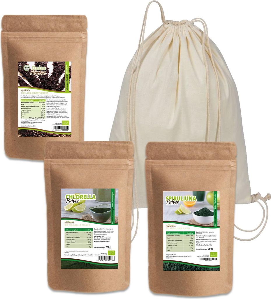 Mynatura Algen Set - Dulse Flocken (100g)- Chlorella Pulver (250g) - Spirulina Pulver (250g)