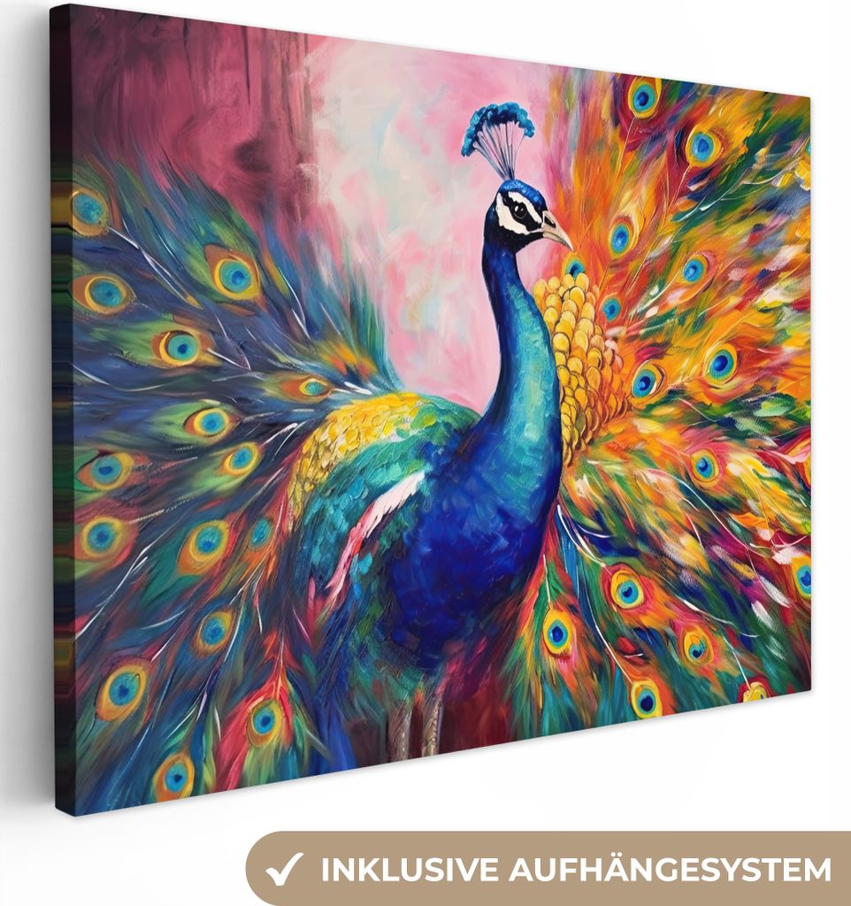 MuchoWow - Leinwandbilder - Pfau - Tiere - Malerei - Regenbogen, Wandbild, Wanddeko Bilder Wohnzimmer, 80x60 cm