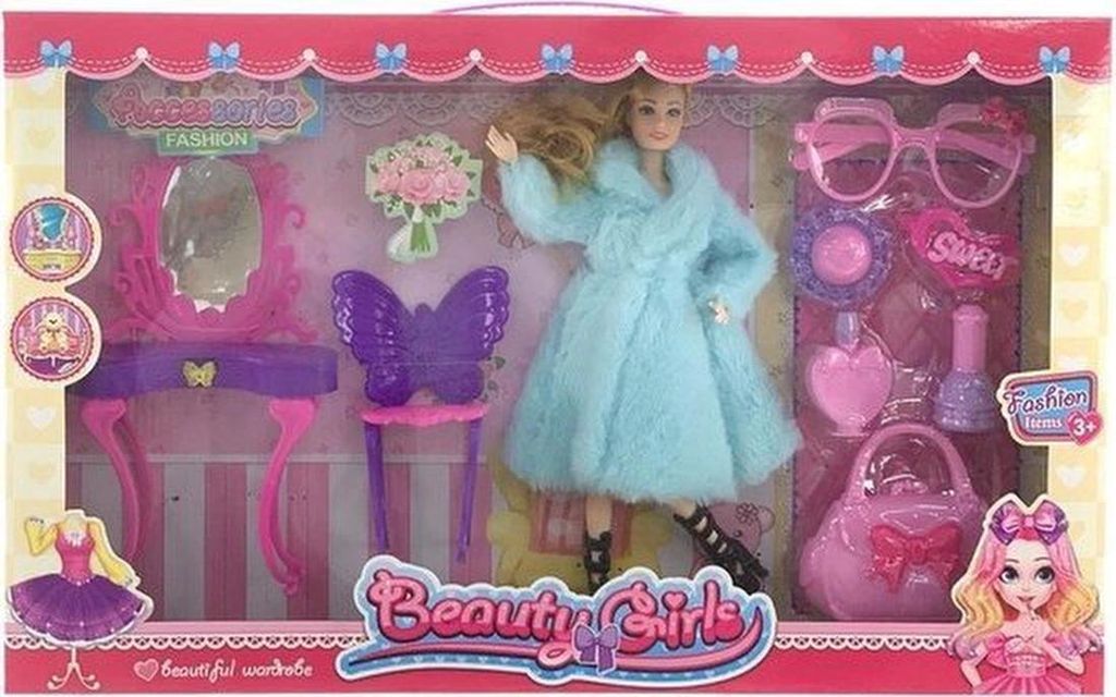 Modepop mit Teddyjacke, Poppenmöbel und Kosmetikset - Kapitän für modische Kinderträume
