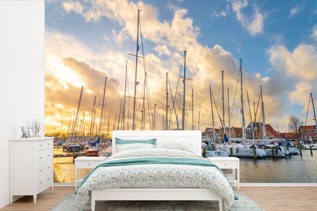 MuchoWow Fototapete für Wohnzimmer oder Schlafzimmer Wandtapete Vinyl Motivtapete Meer - Segelboot - Hafen - 390x260 cm - Papiertapete