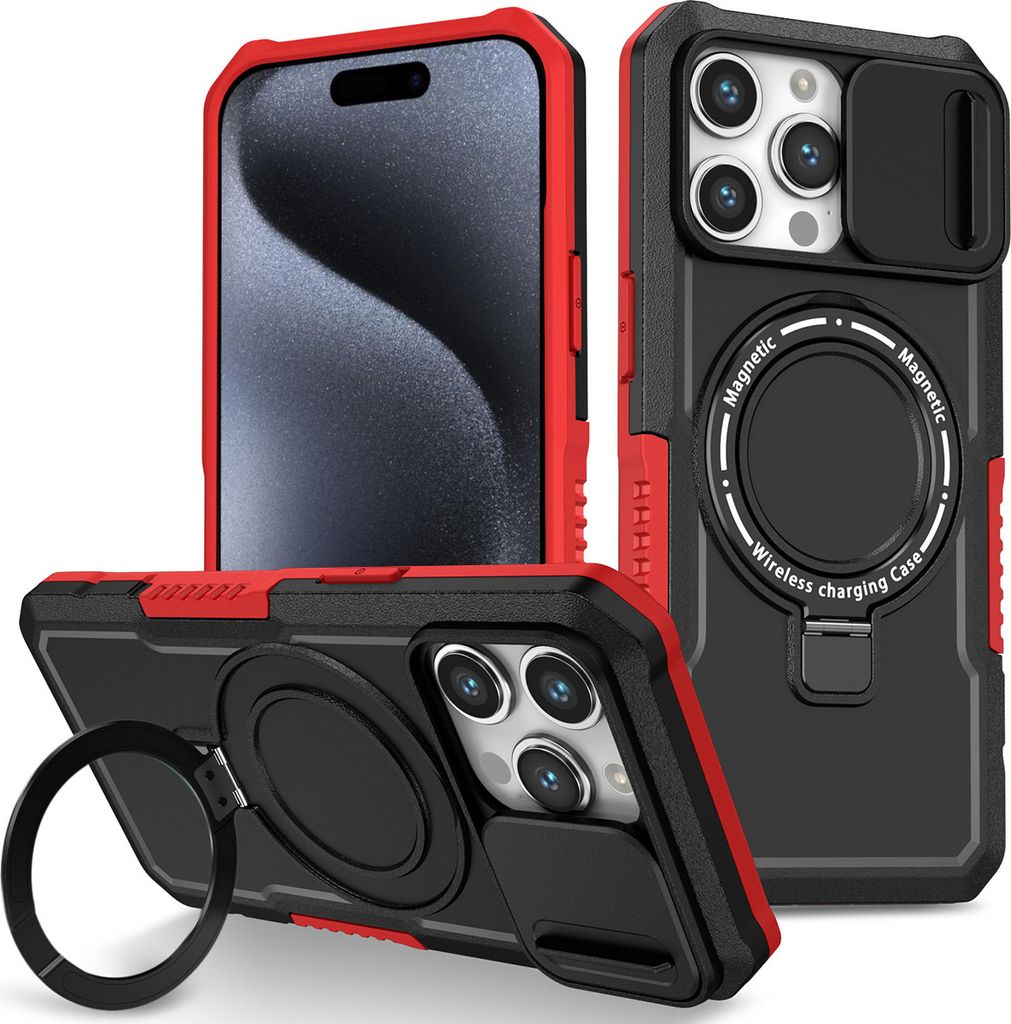 Handyhülle für iPhone 15 Pro Max Kompatibel mit MagSafe, Robuste Hülle mit Schiebe Kamera Schutz, Magnetischer Ringständer Schwarz Rot