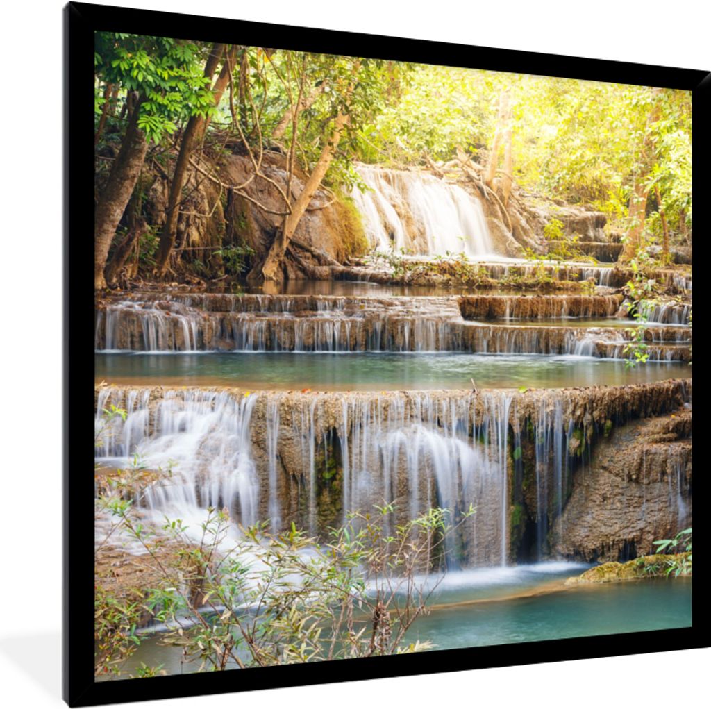 MuchoWow Gerahmtes Poster Sonne - Wasserfall - Landschaft 40x40 cm - Poster mit Schwarzem Bilderrahmen Wandposter Rahmen Foto Bilder - Mit Rahmen...