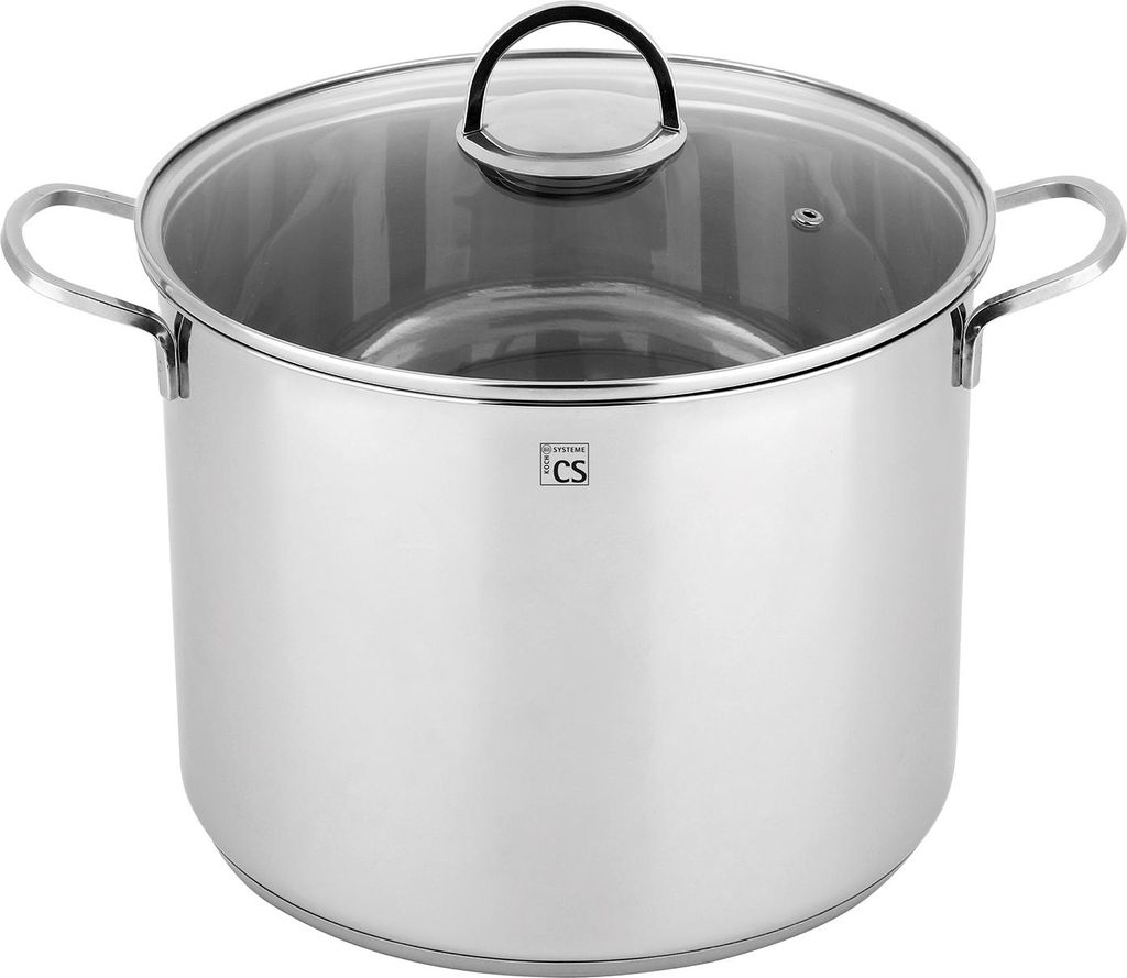 A stainless steel pot with a glass lid.