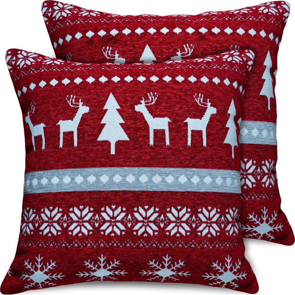 2er Set Kissenhüllen 45x45 cm Elche & Muster rot als Weihnachts-Deko