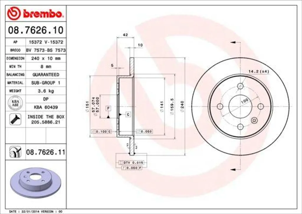 Disque de frein Brembo 08.7626.11 pour Opel Astra G H et Meriva A