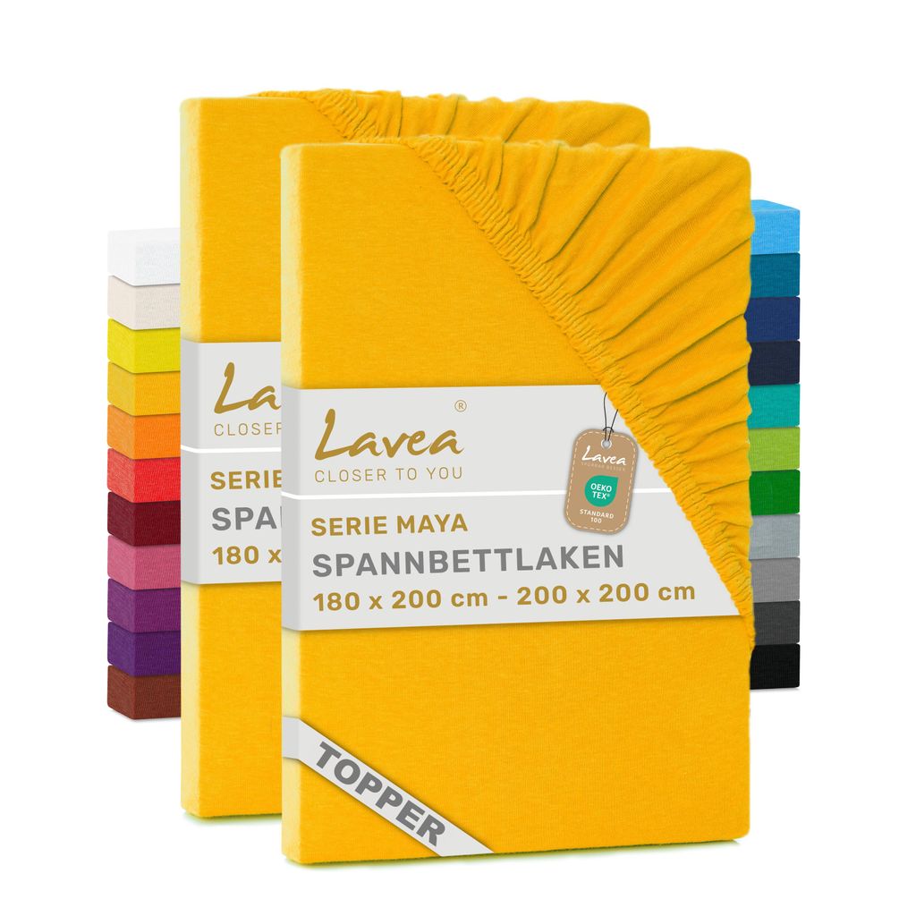 Lavea 2er Topper Spannbettlaken 180x200cm - 200x200cm, Bettlaken 100% Baumwolle Jersey, mit Rundumgummizug, für Matratzen bis 12 cm Höhe, weich...