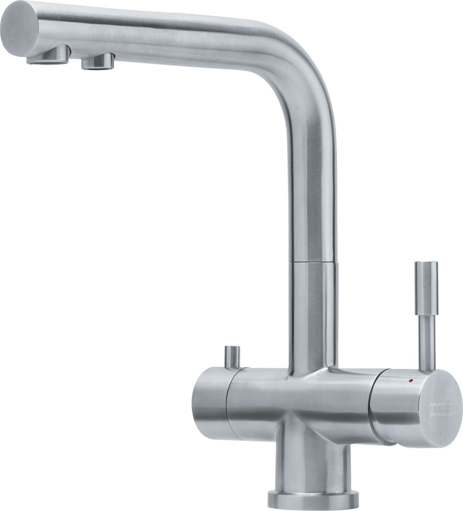 A stainless steel kitchen faucet with a modern design.