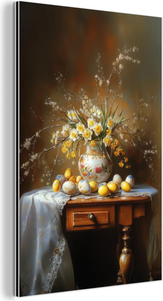 MuchoWow Wanddekoration Metall Metallbild Wandkunst 60x90 cm Ostereier - Stillleben - Vase MuchoWow Aluminium Gemälde - Wandbilder - Aluminium