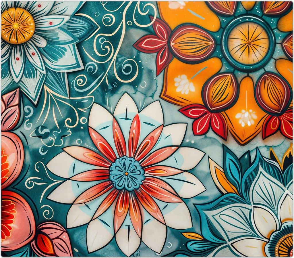Spritzschutz Herdabdeckplatte Schneidebrett aus Glas Blumenmuster Mandala 1-Teilig (60x52cm)