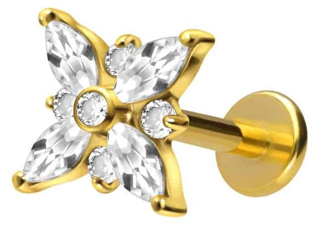 Ohrpiercing, Nasenpiercing Titan Labret mit Innengewinde KRISTALLSTERN Gold Stablänge: 6mm | Stabstärke: 1,6mm