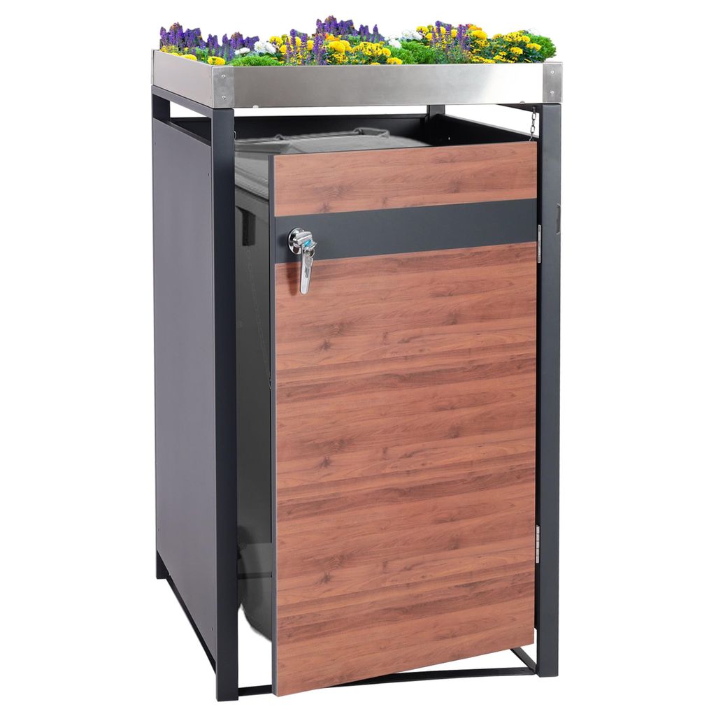1er Mülltonnenverkleidung mit Pflanzkasten MCW-J82, erweiterbar, Metall 37kg, anthrazit Kirsche-Holzoptik dunkelbraun