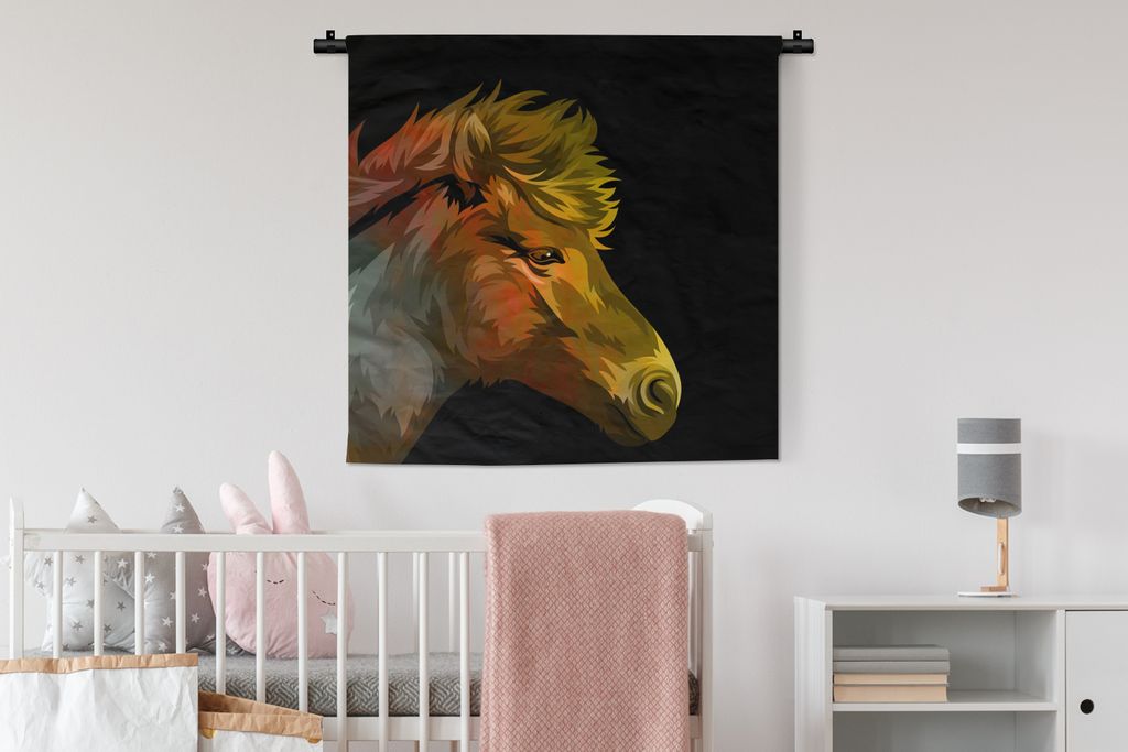 MuchoWow Wandteppich Wandbehang Pferd - Gelb - Rot - Mädchen - Kinder - Mädchen 90x90 cm Tapisserie Dekoration Wandtuch - Wandaufhänger