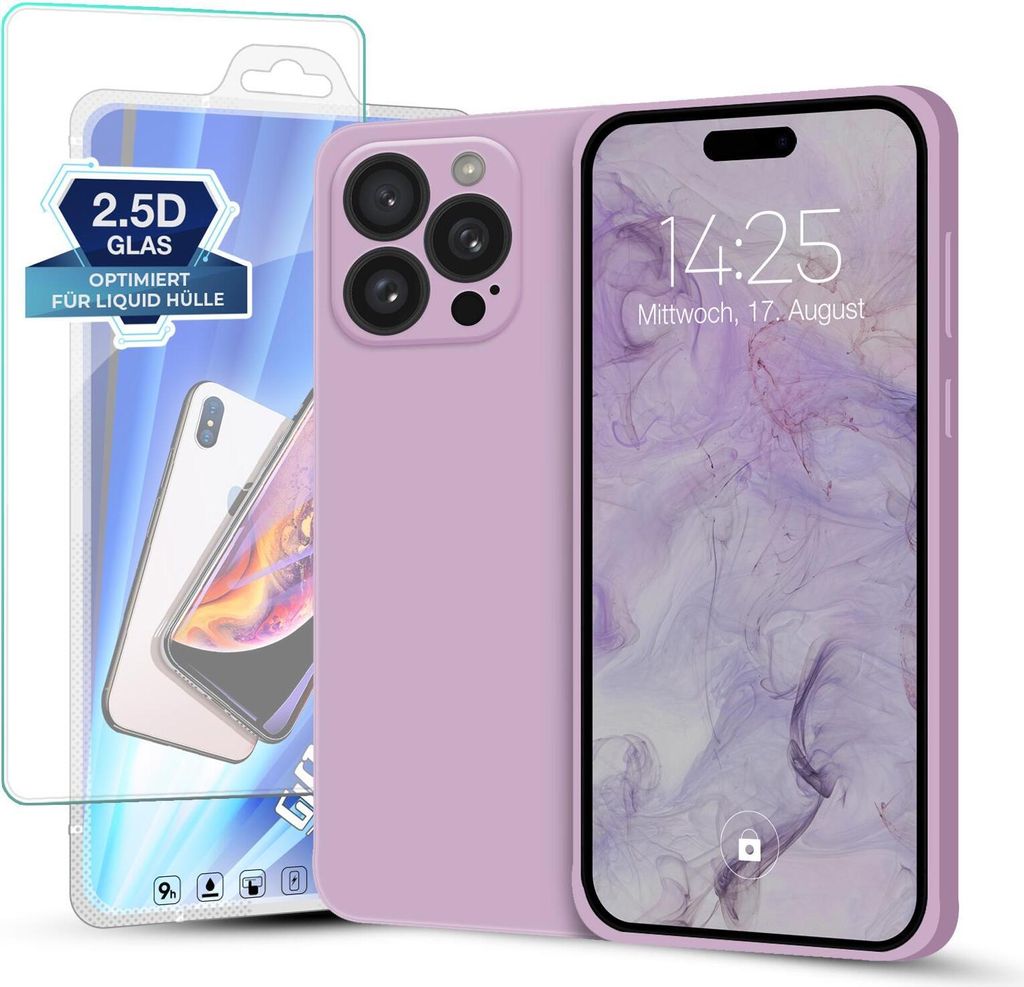 Hülle für Apple iPhone 16 Pro Max mit 9H Displayglas Displayschutz Plus Case Cover Bumper Silikon Softgrip Schutzhülle Farbe: Lila