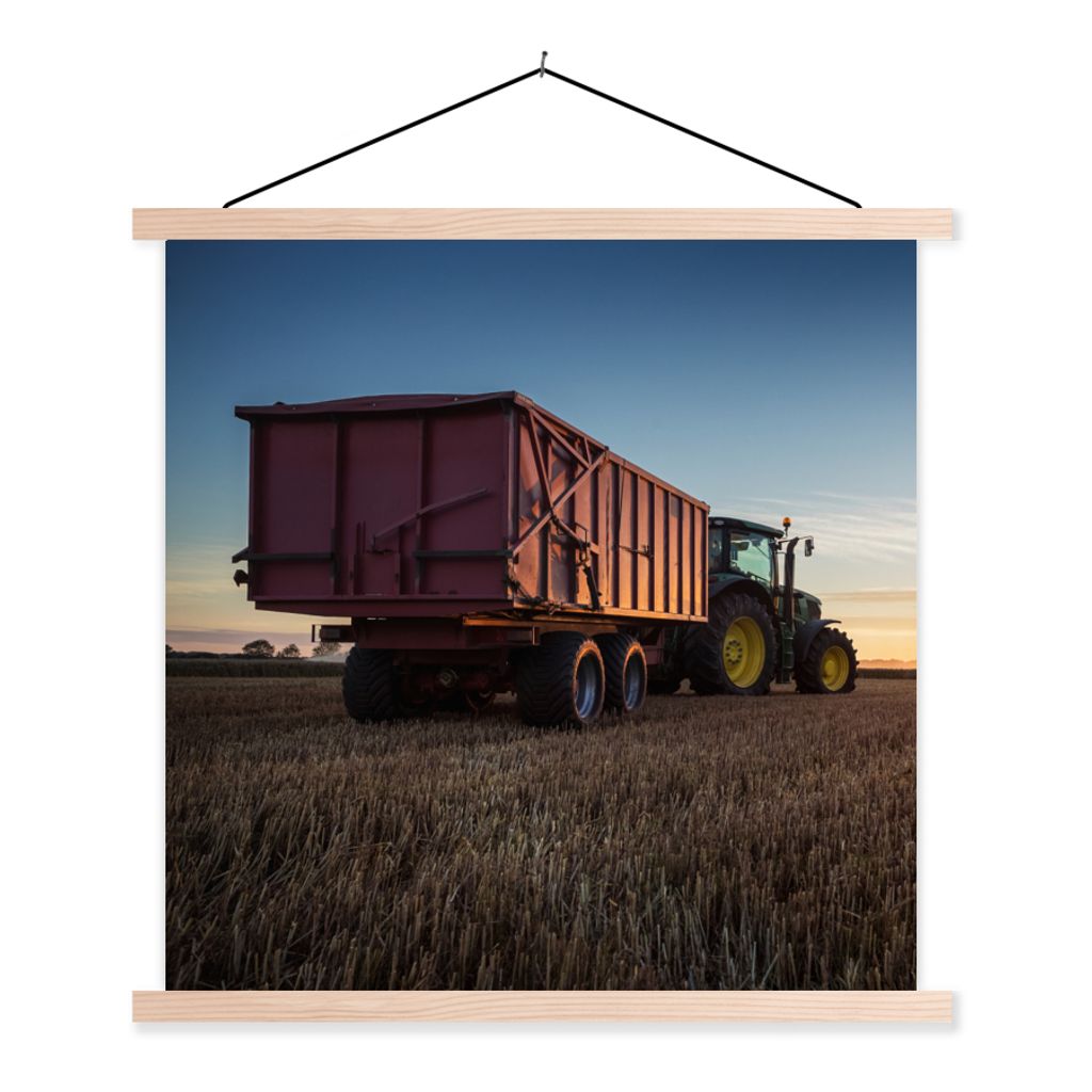 MuchoWow Textilposter Traktor - Grün - Sonnenuntergang - Horizont - Grün - Landleben 40x40 cm mit holzfarbenen Rahmen - Posterleiste