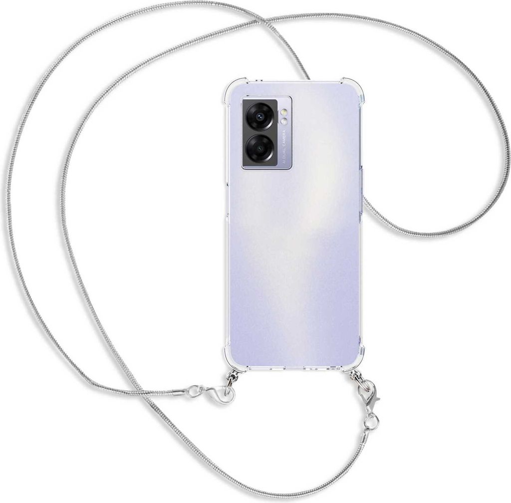 Handykette Backcover-Schutzhülle mit Band (Metall silberfarben) für Realme Narzo 50 5G, A57 / A77 - silberfarbene Snake-Kette