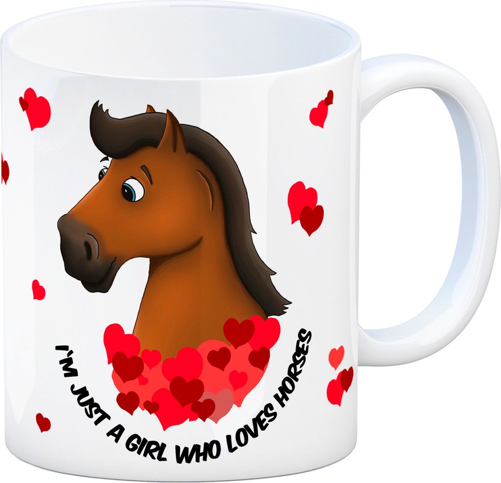 Kaffeebecher mit Pferde Motiv und Spruch: I'm just a girl who loves horses