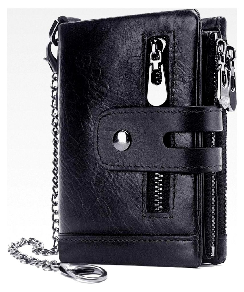 Herren Geldbörse mit RFID Schutz aus Leder, doppelt gefaltet, mit Kette, Münzfach und Reißverschluss, 16 Kartenfächer, schwarz