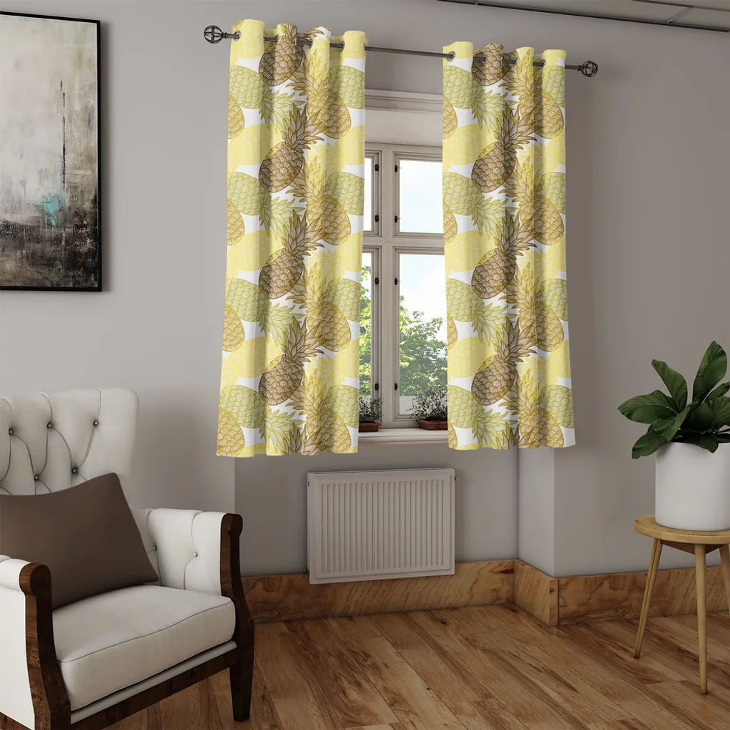 ABAKUHAUS Foglia di Banana Tenda, Yummy Banana e Foglie, per Camera da Letto Due Pannelli Set, 280 x 175 cm, Giallo Smeraldo Nero