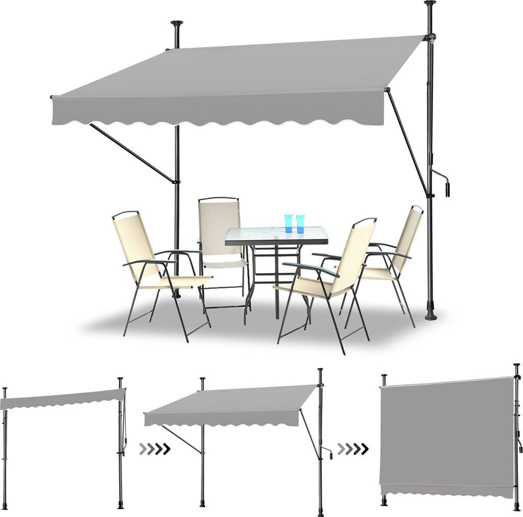 An outdoor dining set with a retractable awning.