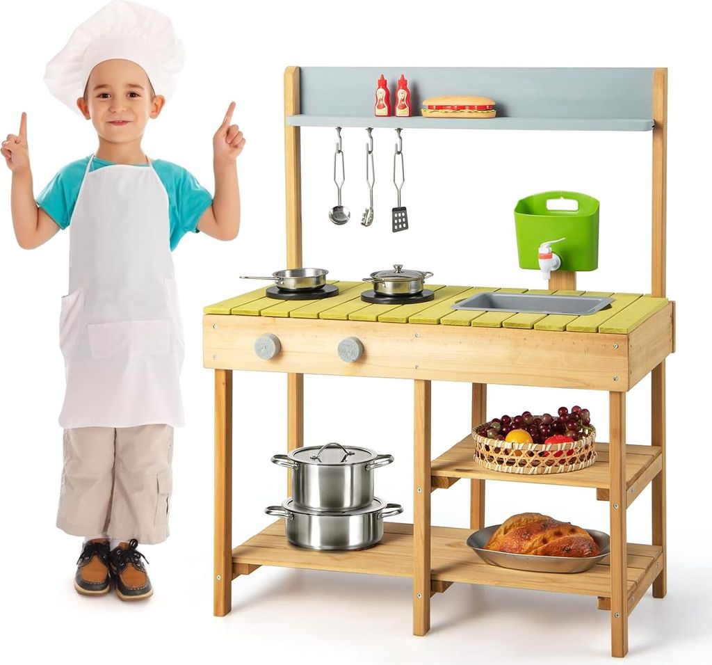 GOPLUS Holz Spielküche, Kinderküche mit Wassertank, Wasserfluss & Spülbecken, Kinderspielküche mit Kochfeld, Drehknopf, 4 Ablagen & 3 Haken, Ro...