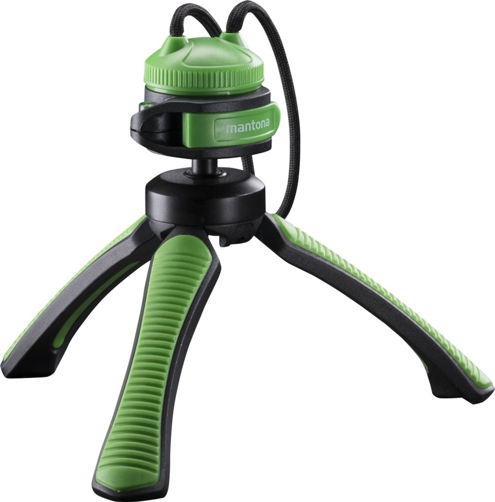 Mantona Kaleido Gaia Stativ lime green - 170 x 54 x 54 mm / Traglast max. 2,5 kg - kompaktes 3-Bein-Stativ, 360° Kugelkopf, 1/4" Anschluss, Wasser...