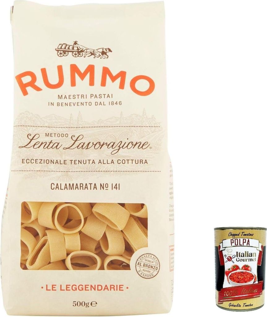 12x Rummo Calamarata N°141 Pasta Lenta Lavorazione Teigwaren aus Hartweizengrieß Bronze-Zeichnung 500g + Italian Gourmet polpa 400g
