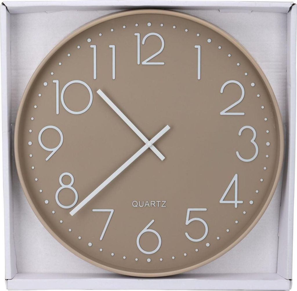 A taupe wall clock with white numbers and hands, presented in its packaging.