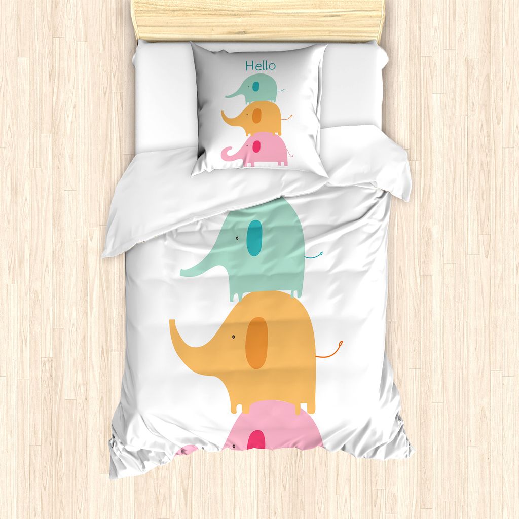 ABAKUHAUS Elefant Bettbezug Set für Einzelbetten, Stacked Animals Hallo, Milbensicher Allergiker geeignet mit Kissenbezug, 135 cm x 200 cm - 80 x ...
