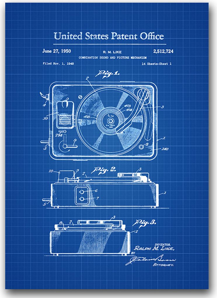 Poster - Canvas - Leinwand - 59,4 cm x 84,1 cm - Fotoposter - Leinwandkunst - Plattenspieler als US-Patent