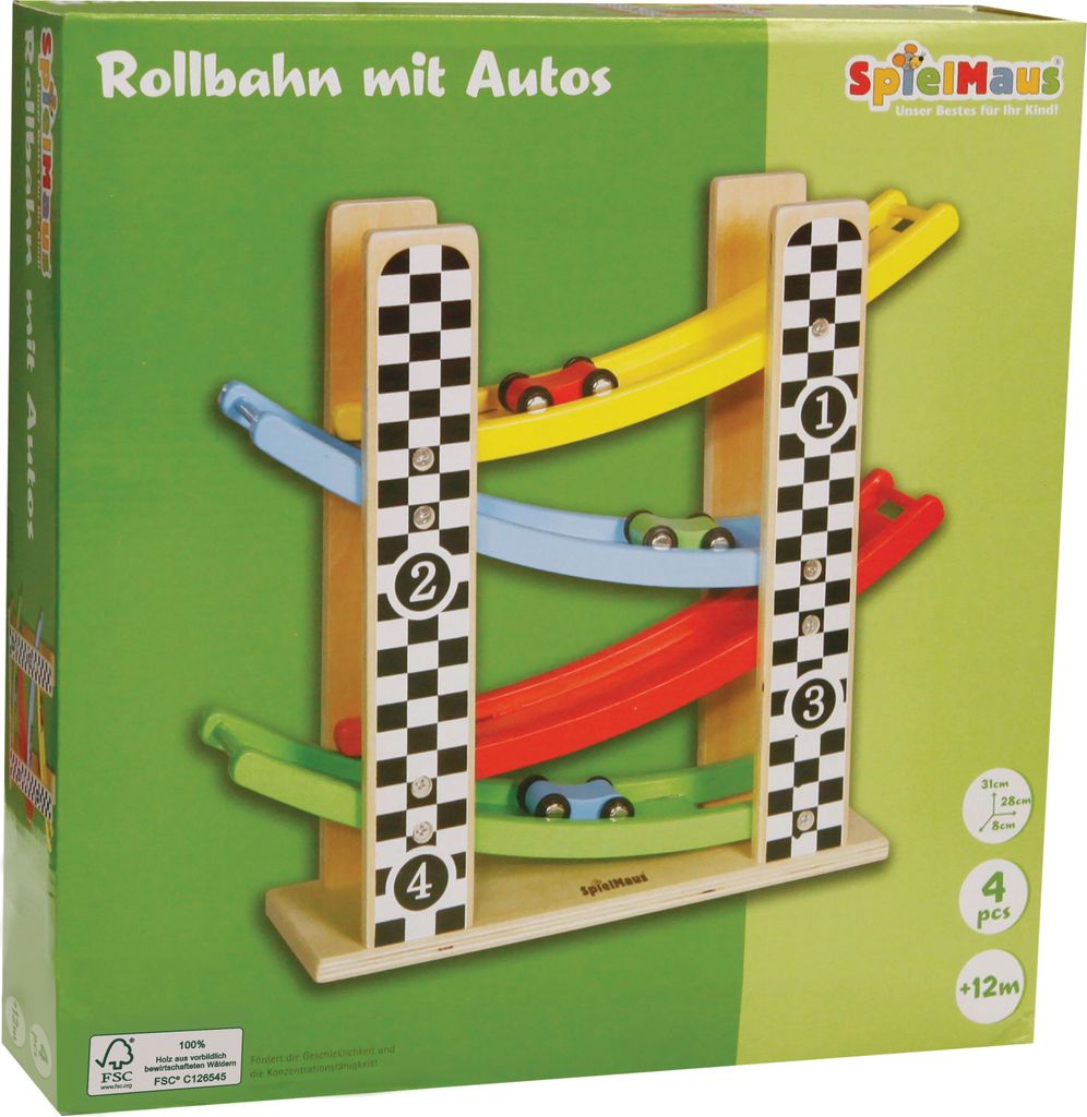 SpielMaus Holz Rollbahn mit Autos Produktbild 