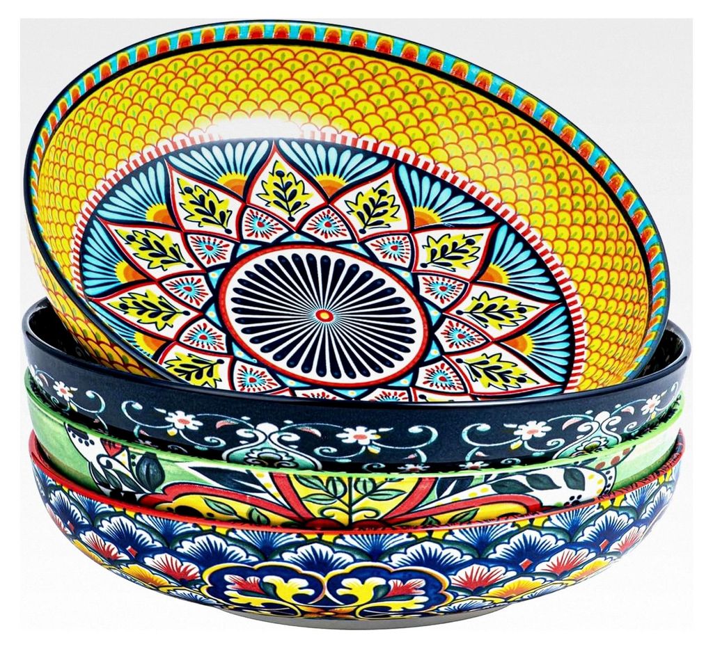 Salatschüsseln aus Porzellan, Suppenteller, Pastateller, große Servierschalen für Pasta, Nudeln, Salat, Suppe usw. Bunt, 4er Set - Bohemian Stil