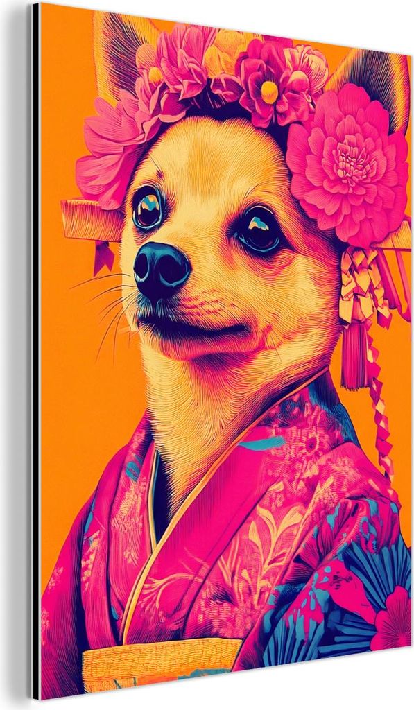MuchoWow Wanddekoration Metall Metallbild Wandkunst 30x40 cm Kimono - Hündchen - Blumenkrone - Orange MuchoWow Aluminium Gemälde - Bilder