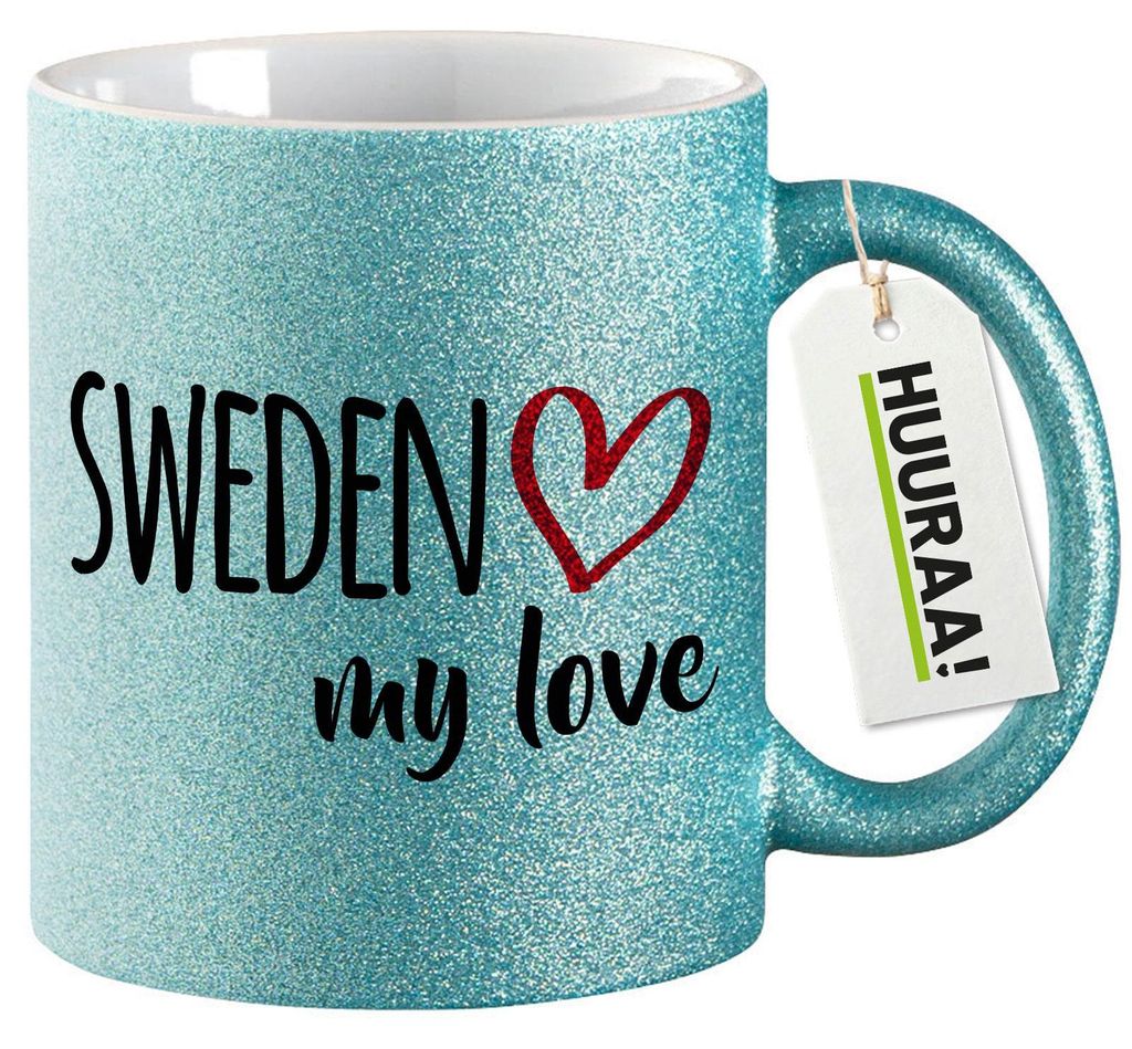 Huuraa Glitzertasse Sweden my love 330ml Blau Keramik Produktbild 